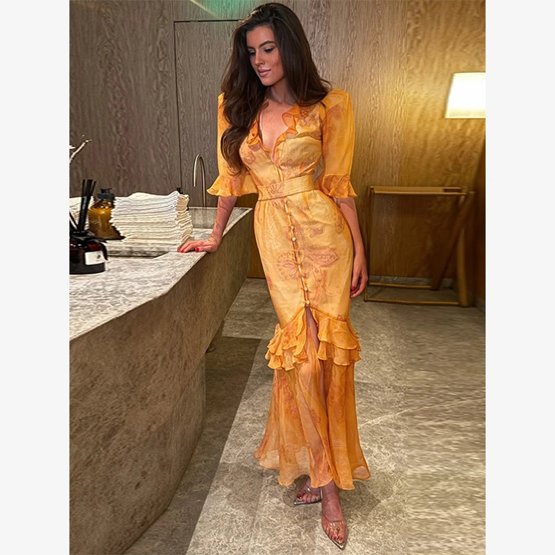 Pink Floral Print Slim Fit Dress Women Chic V-neck Ruffle Trim Flare Full Sleeves Ruched Slit Long Dresses Lady Elegant Wear New