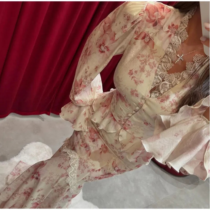 Floral Print V-Neck Flare Sleeve Mermaid Set Waist Cinched Ruffle Hem 2026 Summer Party Women Gown Retro Elegant Lady Vestido