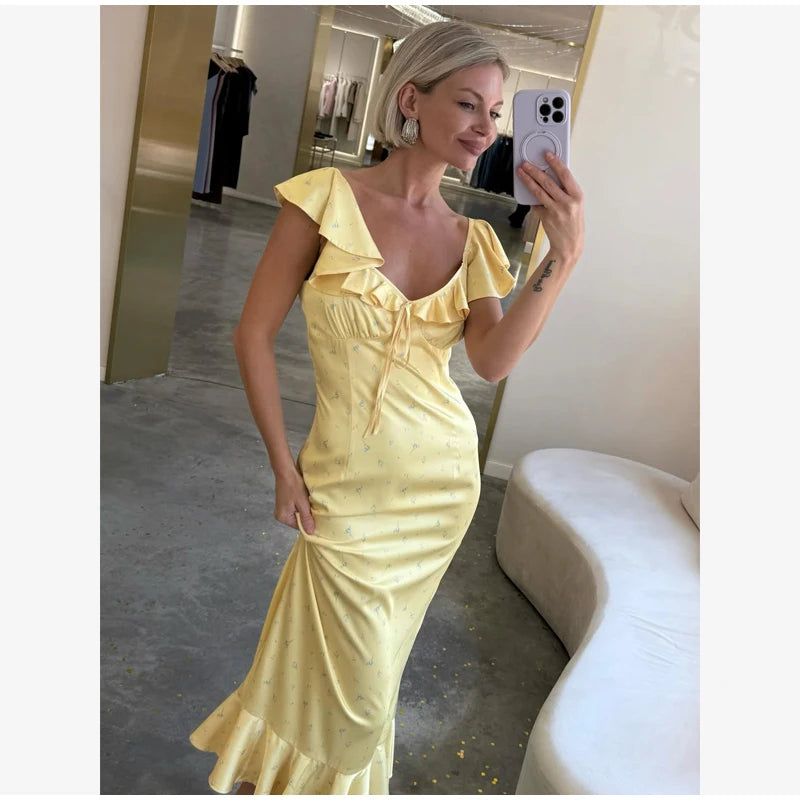 Flutter Sleeves Pleated Long Dress Women Chic Deep V-neck Floral Print Sexy Waist Cinching Vestidos Lady Holiday Street Dresses
