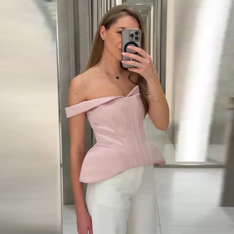Sexy Women's Top Off Shoulder Slim Fish Bone A-line Hem Solid Female Corset 2026 Summer Fashion Chic Elegant Party Lady Outwear