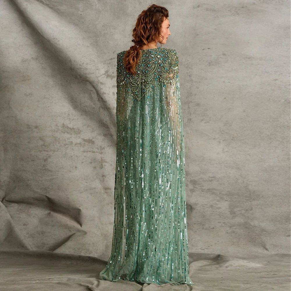 Sharon Said Luxury Dubai Sage Green Evening Dresses with Cape Fuchsia Crystal Gold Women Wedding Party Gowns SS399 Customized