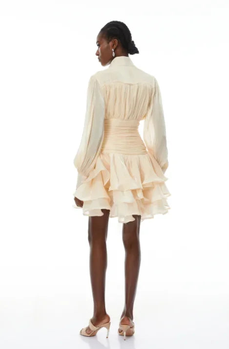 Elegant High Collar Ruffled Mini Dress Women Chic Long Puff Sleeves Waist Cinching A-line Dresses 2026 Lady Evening Dinner Gowns
