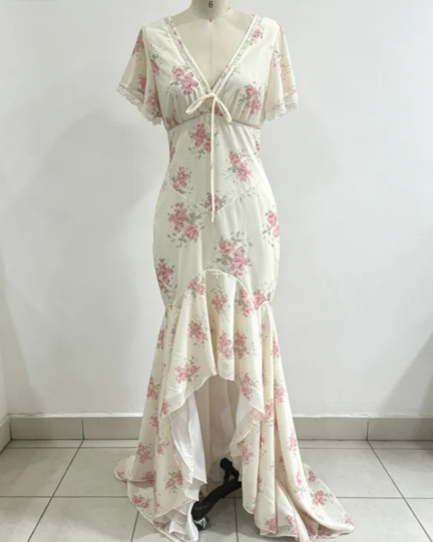 Flutter Sleeves Pleated Long Dress Women Chic Deep V-neck Floral Print Sexy Waist Cinching Vestidos Lady Holiday Street Dresses