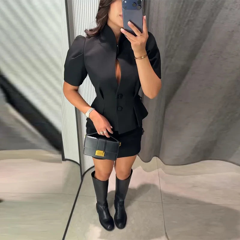 Casual Solid Hollow Out Tops Women Sexy Closed Waist Single Breasted Slim Short Sleeve Top Female 2026 Spring Summer Lady Shirts