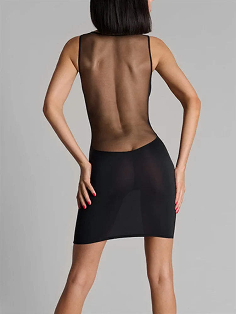 Summer Sexy Sheer Mesh Deep V Neck Backless Sleeveless Bodycon Mini Dress Women Party Clubwear Y2K Aesthetic Night Out Dresses