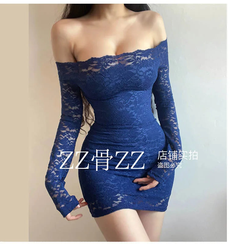 Blue Lace Mesh Slim Mini Dress Autumn New Style French Dress Elegant Feminine One Shoulder Slash Neck Lace Sexy Korean YRR6