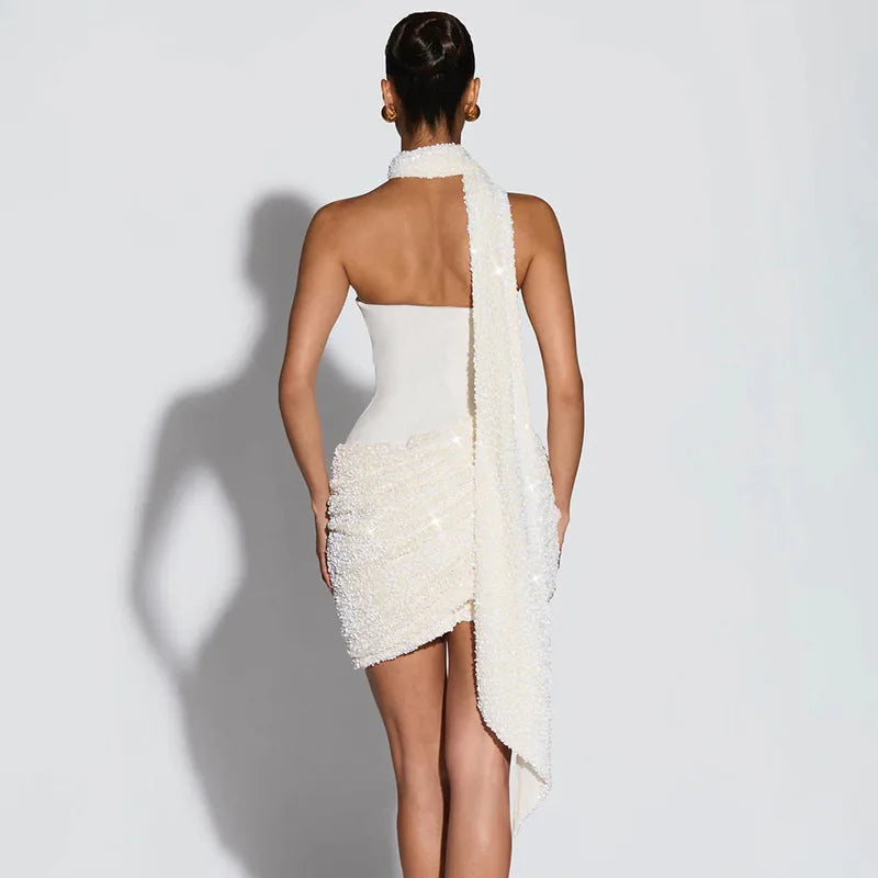 Women Slim Sexy Pleated Bodycon Dress Sequin Backless Spaghetti Strap Mini Summer Dresses 2026 Lady Evening Nightclub Party Gown