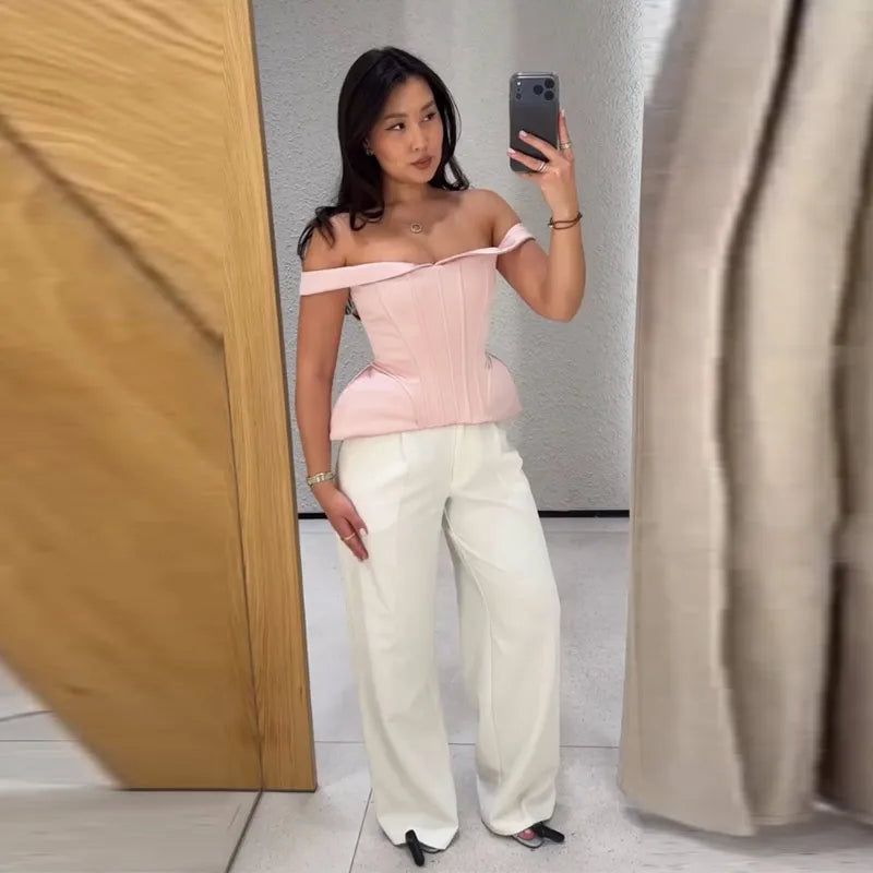 Sexy Women's Top Off Shoulder Slim Fish Bone A-line Hem Solid Female Corset 2026 Summer Fashion Chic Elegant Party Lady Outwear