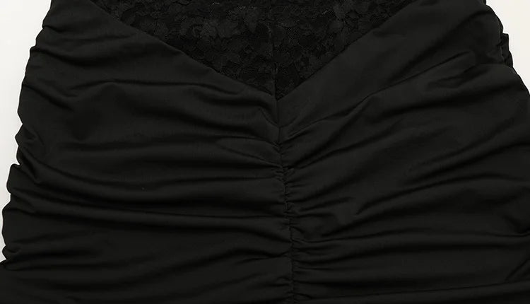 Ahagaga Sexy Patchwork Dresses For Women Short Sleeves Sheath Pleated Slim Fit Hollow Out Lace Basic Trend Streetwear Vestidos
