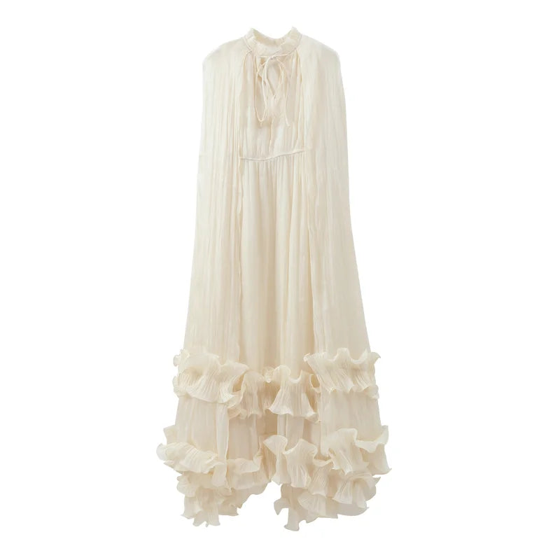 Women Solid Ruffle  Maxi Dress Fashion Lapel V-neck Sleeveless Pleated High Waist Chic Dresses 2026 Summer Lady Vacation Robes