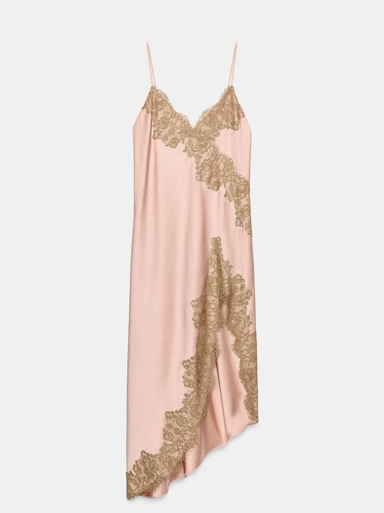 Butter Yellow Satin Bias Cut Lace Patchwork Midi Dress Women's V Neck Backless Suspenders Dresses 2026 New Dinner Party Vestidos