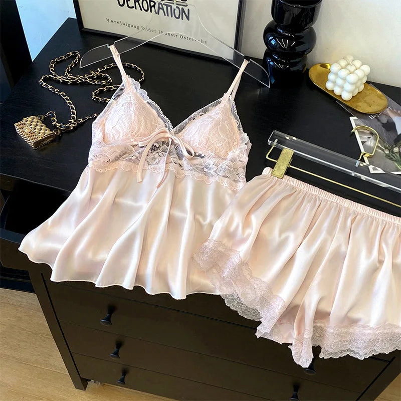 2PCS Women Lace Pajamas PJS Set Femme Satin Sleepwear Home Clothes Strap Camisole&Shorts Sleep Suit Summer V-Neck Lingerie