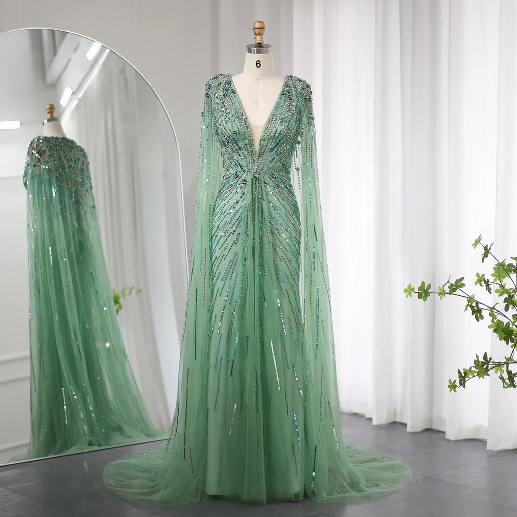 Sharon Said Luxury Dubai Sage Green Evening Dresses with Cape Fuchsia Crystal Gold Women Wedding Party Gowns SS399 Customized