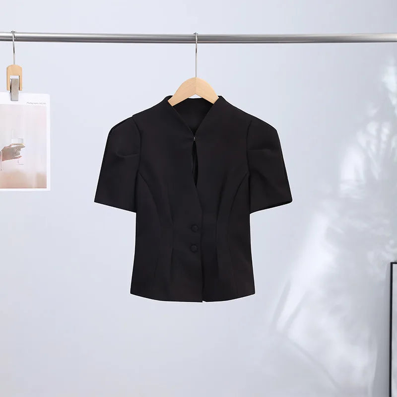 Casual Solid Hollow Out Tops Women Sexy Closed Waist Single Breasted Slim Short Sleeve Top Female 2026 Spring Summer Lady Shirts