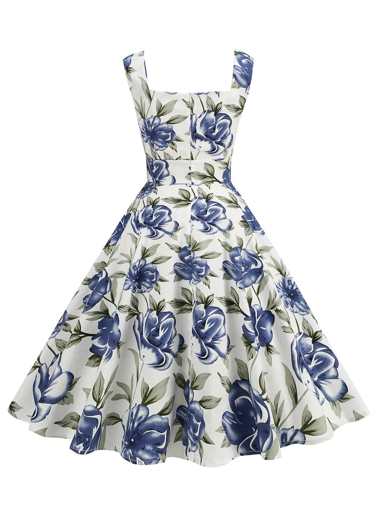 Tonval Lemon Print 40s 50s Pinup Vintage Women Cotton Dresses Square Neck Summer Sleeveless High Waist Elegant Party Dress