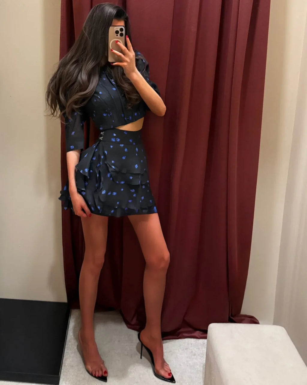 Women's Elegant Floral Print Two Piece Set Fashion Puff Sleeve Crop Top Layered Ruffle Mini Skirt Sets 2026 New Lady Daily Suits