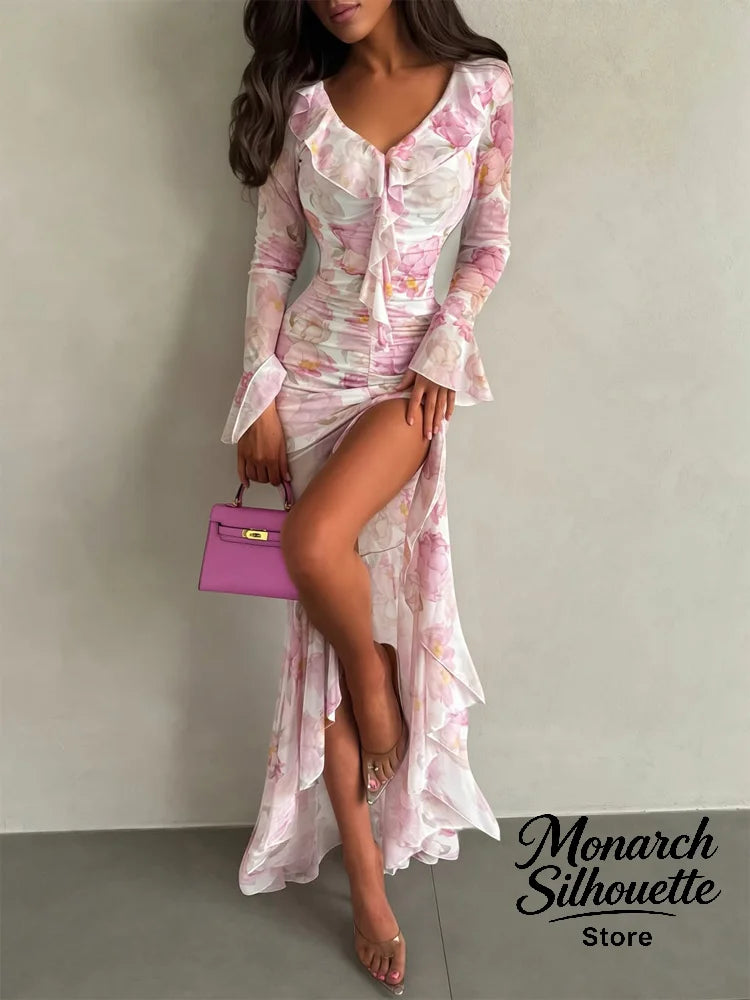 Pink Floral Print Slim Fit Dress Women Chic V-neck Ruffle Trim Flare Full Sleeves Ruched Slit Long Dresses Lady Elegant Wear New