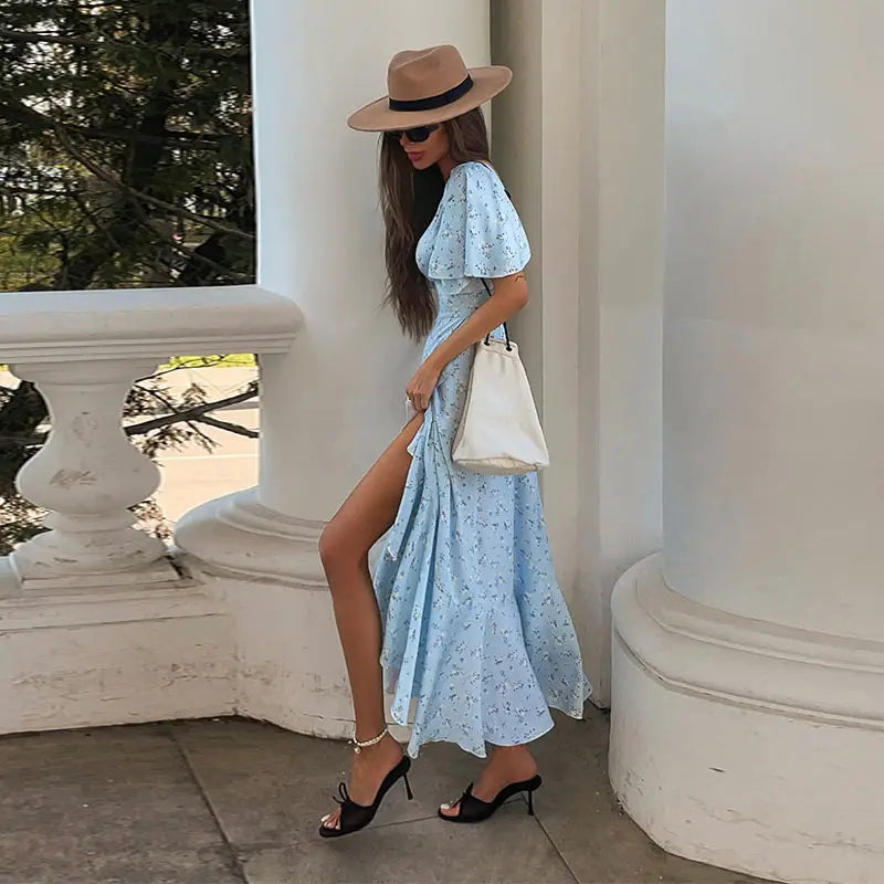 Elegant Printed Ruffles Long Women's Dress Asymmetric V-neck Flare Sleeve Slit Party Dresses 2026 Summer Floral Vacation Robes