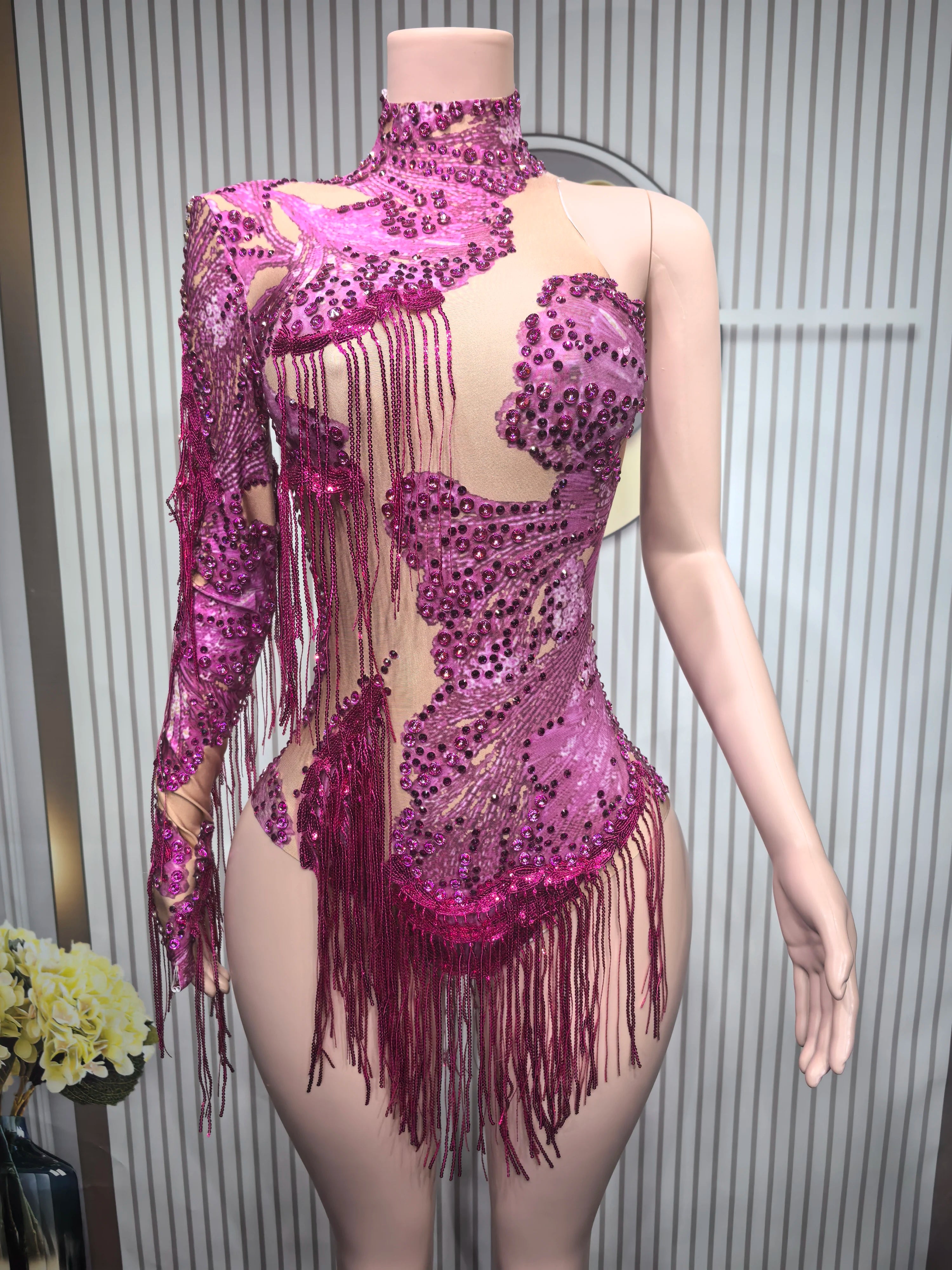Sexy Elastic Rhinestone Tassel Party Bodysuit OutfiSet Women Nightclub Prom Crystal Fringe LeotardDance Stage Wear Nainiang Q025