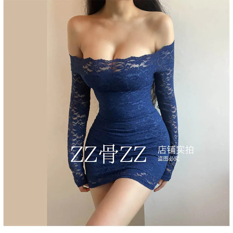 Blue Lace Mesh Slim Mini Dress Autumn New Style French Dress Elegant Feminine One Shoulder Slash Neck Lace Sexy Korean YRR6