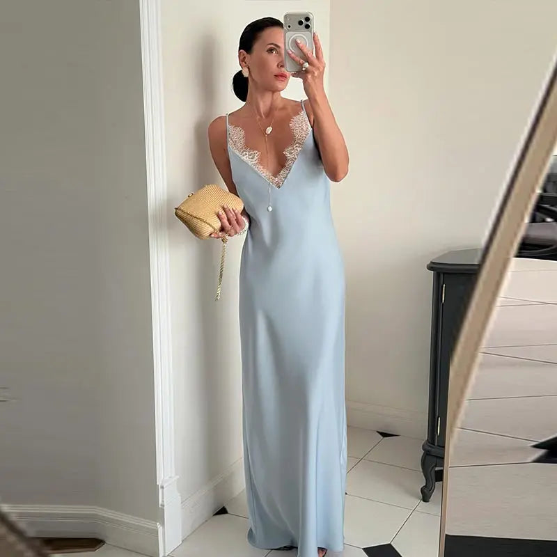 Casual Lace Patchwork Women's Dress Chic V-Neck Slip Top Sleeveless Lady Long Dresses 2026 Spring Summer Female Vacation Robe