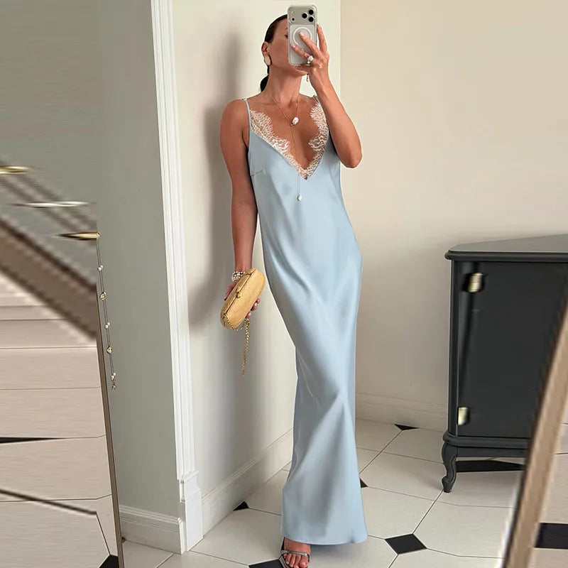 Casual Lace Patchwork Women's Dress Chic V-Neck Slip Top Sleeveless Lady Long Dresses 2026 Spring Summer Female Vacation Robe