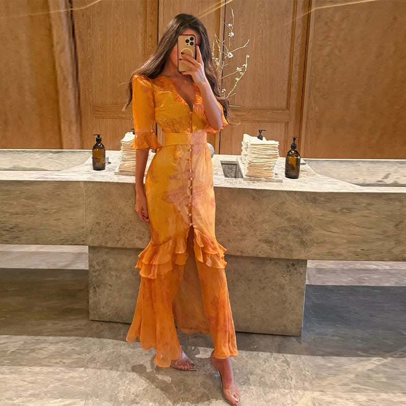 Pink Floral Print Slim Fit Dress Women Chic V-neck Ruffle Trim Flare Full Sleeves Ruched Slit Long Dresses Lady Elegant Wear New