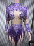 Sexy Elastic Rhinestone Tassel Party Bodysuit OutfiSet Women Nightclub Prom Crystal Fringe LeotardDance Stage Wear Nainiang Q025