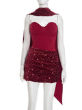 Women Slim Sexy Pleated Bodycon Dress Sequin Backless Spaghetti Strap Mini Summer Dresses 2026 Lady Evening Nightclub Party Gown