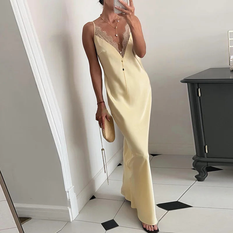Casual Lace Patchwork Women's Dress Chic V-Neck Slip Top Sleeveless Lady Long Dresses 2026 Spring Summer Female Vacation Robe