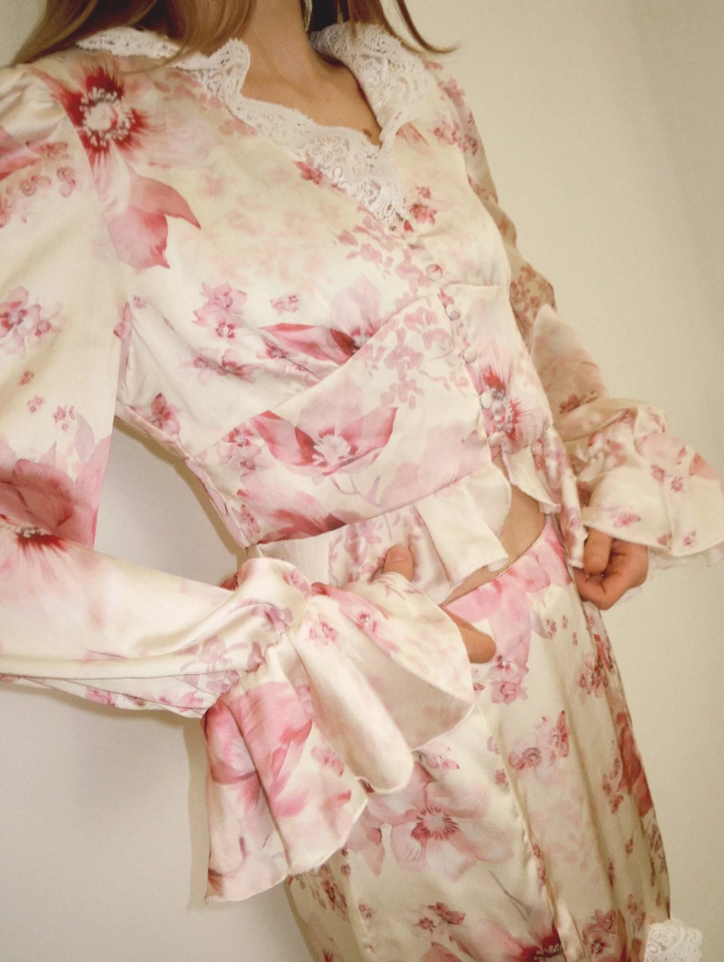 Floral Print V-Neck Flare Sleeve Mermaid Set Waist Cinched Ruffle Hem 2026 Summer Party Women Gown Retro Elegant Lady Vestido
