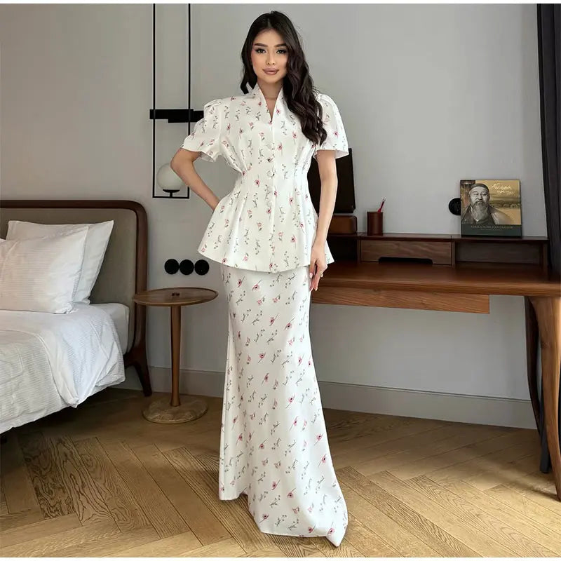 Floral Print V-Neck Flare Sleeve Mermaid Set Waist Cinched Ruffle Hem 2026 Summer Party Women Gown Retro Elegant Lady Vestido