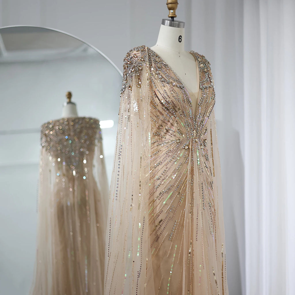 Sharon Said Luxury Dubai Sage Green Evening Dresses with Cape Fuchsia Crystal Gold Women Wedding Party Gowns SS399 Customized