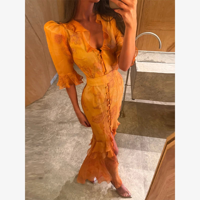 Women Orange Paisley Print Short Sleeve Maxi Dress Fashion V-neck Ruffle Trim Belted Slit Hem Dresses 2026 Lady Vacation Gown