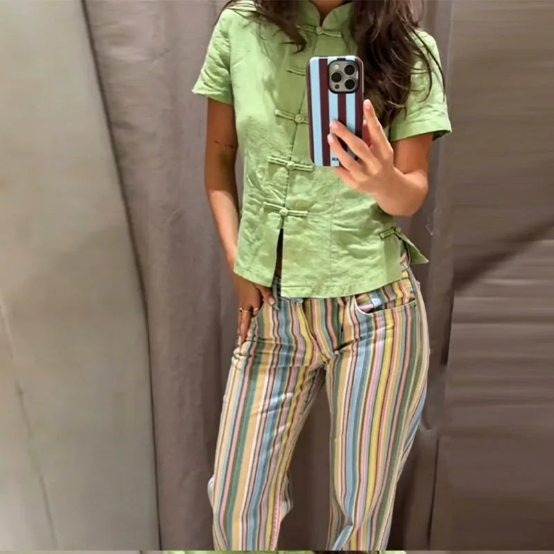 Colorful Striped Jeans for Women Low Waist Straight Leg Trousers High Street Casual Long Denim Pant 2026 NEW Daily Lady Jeans
