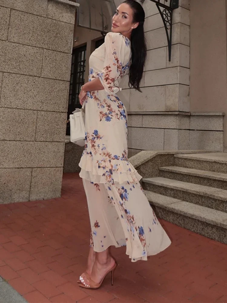 Women Orange Paisley Print Short Sleeve Maxi Dress Fashion V-neck Ruffle Trim Belted Slit Hem Dresses 2026 Lady Vacation Gown