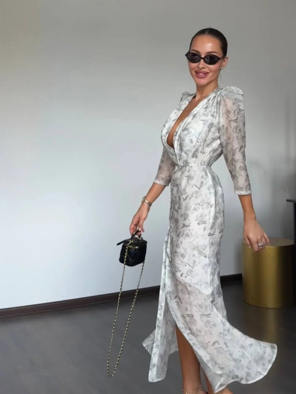 Padded Shoulder Ruffle Maxi Dress V-neck Low Slit Waist Cinching 2026 Springr Holiday Women Flowy Gown Chic Fashion Vestidoes