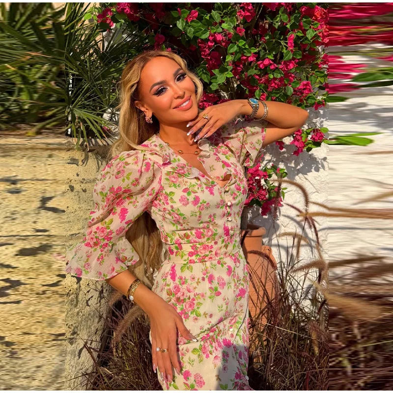 Padded Shoulder Ruffle Maxi Dress V-neck Low Slit Waist Cinching 2026 Springr Holiday Women Flowy Gown Chic Fashion Vestidoes