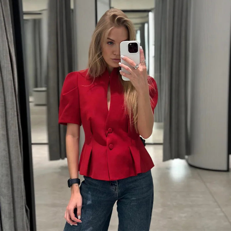 Casual Solid Hollow Out Tops Women Sexy Closed Waist Single Breasted Slim Short Sleeve Top Female 2026 Spring Summer Lady Shirts