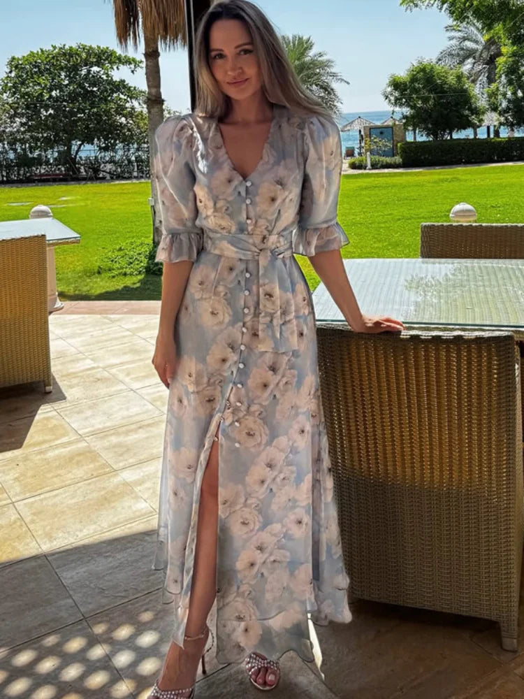 Flutter Sleeves Pleated Long Dress Women Chic Deep V-neck Floral Print Sexy Waist Cinching Vestidos Lady Holiday Street Dresses