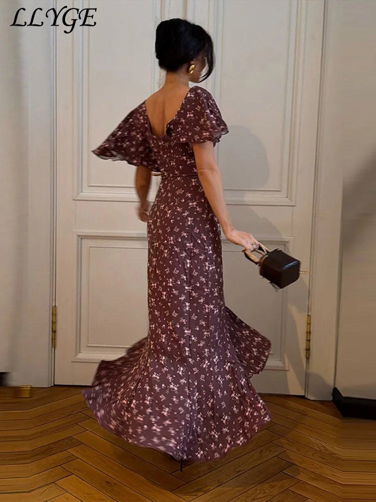 Elegant Printed Ruffles Long Women's Dress Asymmetric V-neck Flare Sleeve Slit Party Dresses 2026 Summer Floral Vacation Robes