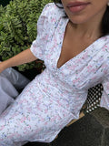 Summer Floral Printed V Neck Long Dress Women Elegant Short Sleeve High Waist Slim Maxi Dress Casual Street Party Lady Vestidos