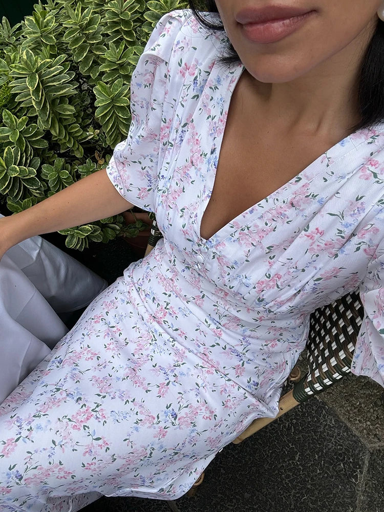 Summer Floral Printed V Neck Long Dress Women Elegant Short Sleeve High Waist Slim Maxi Dress Casual Street Party Lady Vestidos