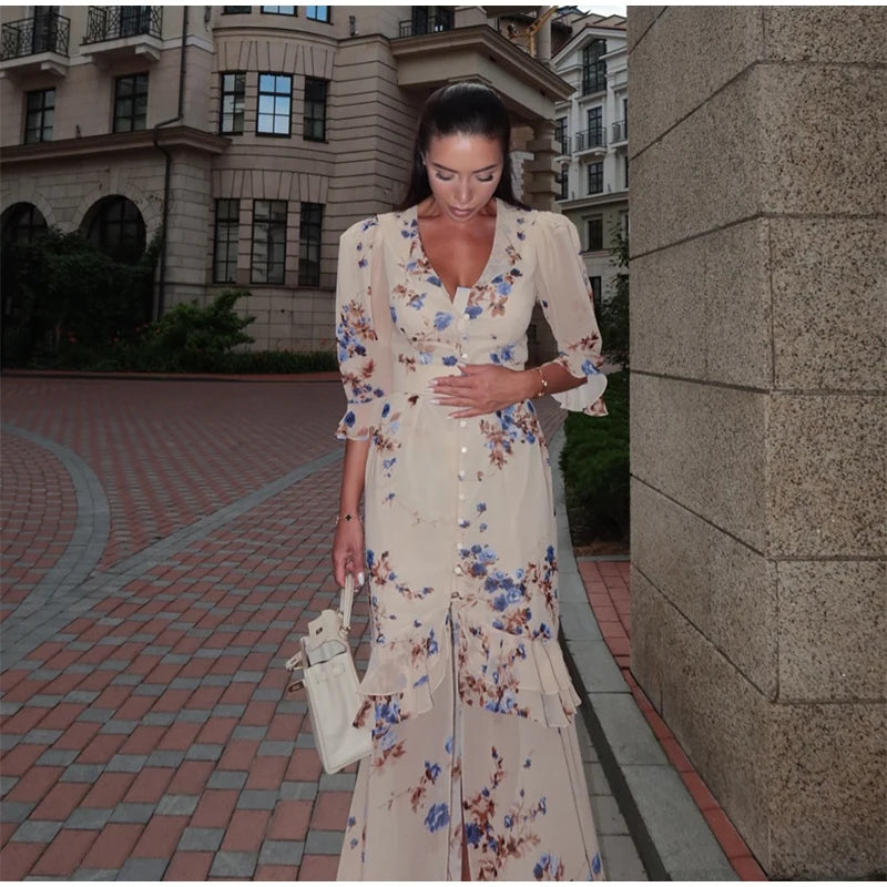 Padded Shoulder Ruffle Maxi Dress V-neck Low Slit Waist Cinching 2026 Springr Holiday Women Flowy Gown Chic Fashion Vestidoes
