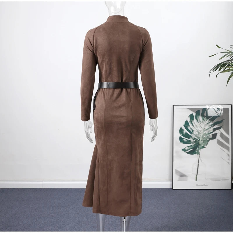 Vintage Half High Neck Long Sleeve Short Dress Women Fashion High Waist Pleasted Zipper Slim Dresses Female Autumn Chic Cloth