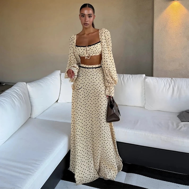 Sexy Polka Dot Cropped Top Long Skirt Women Lantern Sleeve Slash Neck Lace Up Top Maxi Skirts 2026 Summer Lady Beach Outfits