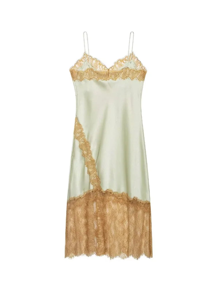 Butter Yellow Satin Bias Cut Lace Patchwork Midi Dress Women's V Neck Backless Suspenders Dresses 2026 New Dinner Party Vestidos