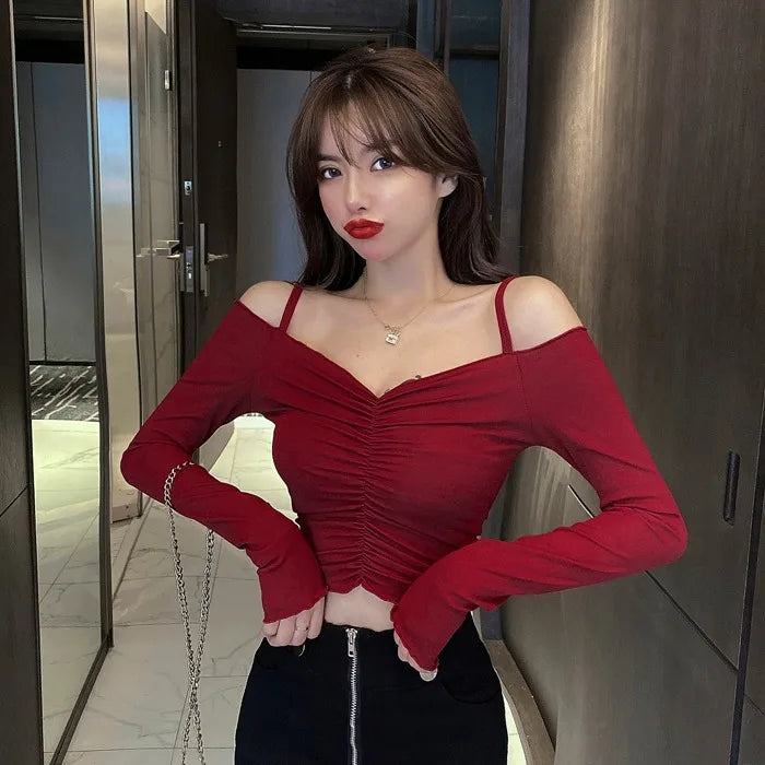 Hong Kong Style Short Crop Top Women's Tight Belly Shirt V-Neck Long Sleeve Cotton T-Shirt Korean Commute Style Base Shirt