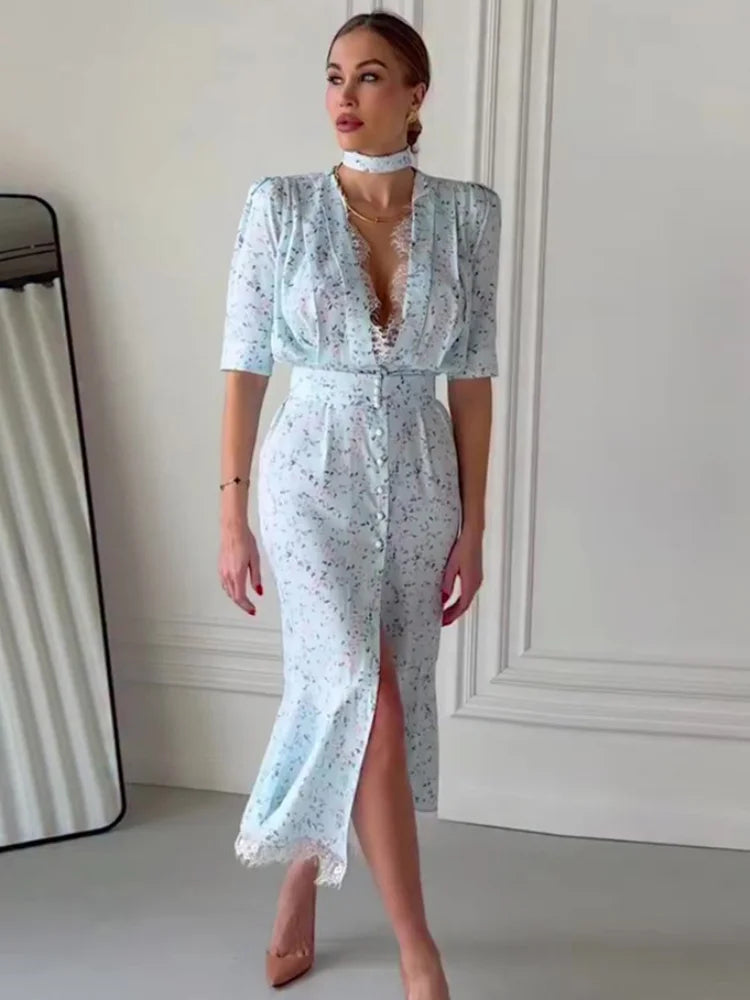 Pink Floral Print Slim Fit Dress Women Chic V-neck Ruffle Trim Flare Full Sleeves Ruched Slit Long Dresses Lady Elegant Wear New