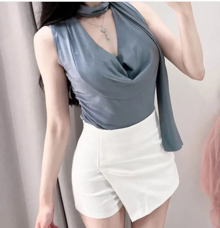 Dongda Gate Pure Desire Sexy Woman Flavor Sleeveless T-shirt Upper Body with Sash Ladylike Temperament Commuter Style Regular...